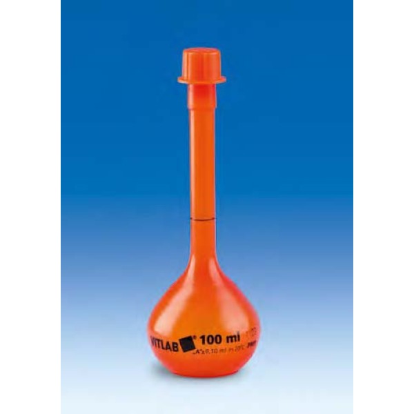Opaque volumetric flasks, PMP, Class A, with coloured screw caps, PP