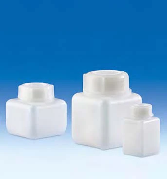 Şişe (PE-HD) vidalı kapaklı(sızdırmaz), şeffaf, Kare Tip, Geniş boyunlu